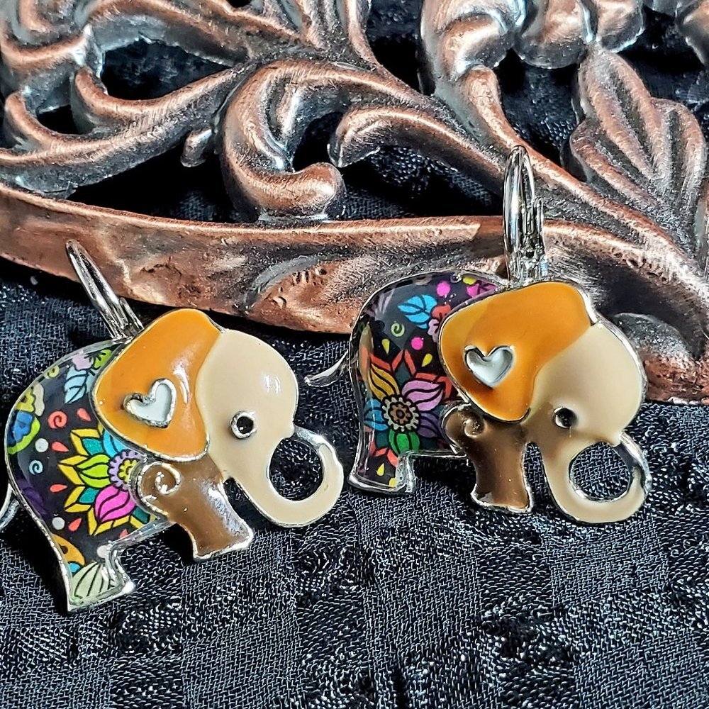 Handpainted Enamel Elephant Earrings Orange Ears,